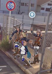 Rule 34 | 3boys, backless outfit, chain-link fence, clothes in front, double v, elsam (granblue fantasy), erune, facial hair, fence, goatee, google maps, google street view, granblue fantasy, high school girls posing for google street view (meme), highres, lowain (granblue fantasy), meme, multiple boys, one eye closed, photo background, rin kamisaki (rym), road sign, sidewalk, sign, tomoi (granblue fantasy), v