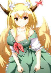 Rule 34 | 1girl, animal ears, blonde hair, breasts, cleavage, cosplay, ex-keine, female focus, fox ears, fox tail, horns, huge breasts, kamishirasawa keine, kamishirasawa keine (cosplay), long skirt, merry (diameri), multiple tails, open mouth, simple background, skirt, smile, solo, standing, tail, touhou, white background, yakumo ran, yellow eyes