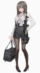Rule 34 | 1girl, 2020, absurdres, ammunition pouch, bag, belt, black bag, black belt, black footwear, black pantyhose, bra, bra visible through clothes, breasts, brown eyes, buttoned cuffs, buttons, cleavage, closed mouth, collared shirt, dated, dog tags, dress shirt, earrings, eyelashes, grey hair, grey skirt, gun, gun sling, h&amp;k mp7, hair between eyes, hair over shoulder, hand on own hip, handgun, high heels, highres, holding, holding bag, holster, holstered, id card, jewelry, lanyard, large breasts, legs, lips, long hair, long sleeves, looking away, magazine (weapon), mole, mole under mouth, office lady, open collar, optical sight, original, pantyhose, partially unbuttoned, pencil skirt, pouch, shirt, signature, simple background, skirt, solo, somnuss, standing, submachine gun, suppressor, thigh holster, thigh strap, underwear, weapon, white background, white shirt