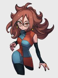 Rule 34 | 1girl, android 21, breasts, checkered clothes, checkered dress, detached sleeves, dragon ball, dragon ball fighterz, dress, earrings, glasses, grey background, hair between eyes, hoop earrings, jewelry, kemachiku, large breasts, long hair, looking at viewer, red eyes, red hair, ring, simple background, solo