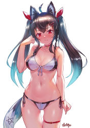 Rule 34 | 1girl, absurdres, ahoge, animal ear fluff, animal ears, arpeggio kaga, bare arms, bare shoulders, bikini, black hair, breasts, choker, cleavage, closed mouth, collarbone, cowboy shot, dark persona, fox ears, fox girl, fox tail, front-tie bikini top, front-tie top, frown, gradient hair, hand up, highres, hololive, kurokami fubuki, long hair, looking at viewer, medium breasts, multicolored hair, navel, red choker, red eyes, shirakami fubuki, side-tie bikini bottom, simple background, skindentation, solo, stomach, string bikini, swimsuit, tail, thigh strap, thighs, twintails, two-tone bikini, virtual youtuber, white background, white bikini