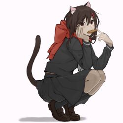 Rule 34 | 1girl, animal ears, b (bgoldmole), black eyes, black serafuku, black skirt, black socks, bow, brown footwear, brown hair, cat ears, cat tail, cookie, enpera, food, food in mouth, from side, full body, hair between eyes, hair ornament, hairclip, hand on own cheek, hand on own face, highres, kagerou project, kneehighs, loafers, long bangs, long hair, long sleeves, looking to the side, mekakucity actors, mouth hold, pleated skirt, red bow, red scarf, scarf, school uniform, serafuku, shadow, shoes, simple background, single stripe, skirt, socks, solo, squatting, tai, tail, tateyama ayano, tiptoes, white background, white stripes