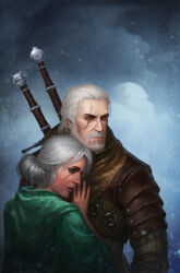 1boy 1girl absurdres armor beard brown_eyes ciri facial_hair geralt_of_rivia green_eyes green_robe highres hood hood_down hooded_robe kaasturovec robe scar scar_across_eye sword the_witcher_(series) the_witcher_3 upper_body weapon weapon_on_back white_hair