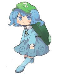 Rule 34 | 1girl, :o, backpack, bag, blue eyes, blue footwear, blue hair, blue shirt, blue skirt, blush, boots, chibi, commentary request, full body, green bag, green hat, hair bobbles, hair ornament, hand in pocket, hat, highres, jewelry, kawashiro nitori, key, key necklace, knee boots, long sleeves, looking at viewer, necklace, parted lips, sasa kichi, shirt, simple background, skirt, solo, touhou, twintails, two side up, white background, wing collar