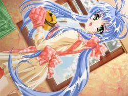 Rule 34 | 1girl, :d, apron, blue hair, bow, cooking, cowboy shot, dutch angle, food, green eyes, hair bow, head turn, indoors, kitchen, long hair, looking at viewer, looking back, mittens, open mouth, plaid, smile, solo, standing, very long hair, window