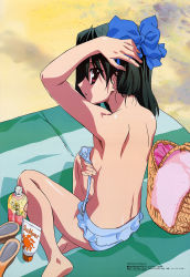 Rule 34 | 00s, 1girl, :d, absurdres, adjusting hair, arm up, armpits, back, barefoot, basket, beach, beach towel, bikini, bikini skirt, black hair, blanket, blue bikini, bottle, bow, breast hold, breasts, covering privates, covering breasts, feet, from behind, gotou junji, hair bow, hair ornament, hair up, highres, kiyoura setsuna, looking back, lotion, megami magazine, official art, open mouth, red eyes, sandals, scan, school days, shoes, short hair, sideboob, sitting, small breasts, smile, soles, solo, striped, sunscreen, swimsuit, towel, untied bikini, yokozuwari