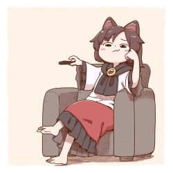 Rule 34 | 1girl, :3, @ @, aged down, animal ears, armchair, barefoot, black scarf, blouse, blush stickers, brooch, brown hair, chair, controller, head rest, holding, holding remote control, imaizumi kagerou, jewelry, long hair, long skirt, long sleeves, looking at viewer, poronegi, red skirt, remote control, scarf, shirt, simple background, sitting, skirt, smile, smug, solo, touhou, white shirt, wide sleeves, wolf ears
