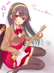 Rule 34 | 10s, 1girl, :d, alternate costume, bad id, bad pixiv id, black hair, black thighhighs, brown eyes, brown sweater, electric guitar, guitar, hair between eyes, hair ornament, hairband, hairclip, haruna (kancolle), instrument, kantai collection, long hair, long sleeves, mamekosora, musical note, open mouth, pleated skirt, quaver, red skirt, school uniform, shirt, signature, sitting, skirt, smile, solo, sweater, thighhighs, white shirt, zettai ryouiki