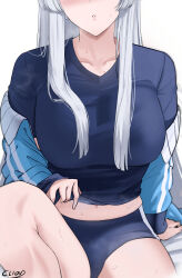 Rule 34 | 1girl, arm support, blue archive, blue buruma, blush, breasts, buruma, cliov, collarbone, grey hair, head out of frame, highres, holding, holding shield, jacket, jacket partially removed, knee up, large breasts, long hair, long sleeves, midriff, navel, noa (blue archive), shield, sidelocks, simple background, sitting, solo, steam, steaming body, straight hair, sweatdrop, track jacket, very long hair, white background