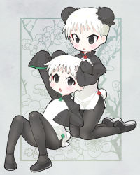 Rule 34 | 2girls, animal costume, arm up, black eyes, black legwear, bun cover, chestnut mouth, china dress, chinese clothes, commentary request, double bun, dress, eyeliner, female focus, hakkatou, hand on another&#039;s head, juliet sleeves, kneeling, long sleeves, makeup, multiple girls, open mouth, original, panda, panda costume, pantyhose, puffy sleeves, shoes, short hair, siblings, side slit, sisters, sitting, sleeves past fingers, sleeves past wrists, twins, white hair, wide sleeves