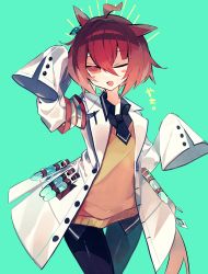 Rule 34 | 1girl, agnes tachyon (umamusume), ahoge, animal ears, arm up, armband, black necktie, black pants, black shirt, buttons, coat, commentary, cowboy shot, highres, horse ears, horse girl, lab coat, looking at viewer, meto (metrin), necktie, one eye closed, open mouth, pants, pantyhose, red eyes, red hair, shirt, short hair, sleeves past fingers, sleeves past wrists, solo, sweater vest, test tube, umamusume, vest, white coat, yellow vest