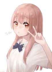 Rule 34 | 1girl, absurdres, blue bow, bow, breasts, brown eyes, brown hair, closed mouth, collared shirt, commentary, dress shirt, highres, koe no katachi, long hair, looking at viewer, nishimiya shouko, shirt, short sleeves, simple background, small breasts, solo, subak (subak621), upper body, v, white background, white shirt