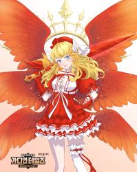 Rule 34 | 1girl, absurdres, balle, blade, blonde hair, blue eyes, closed mouth, dress, feet out of frame, goddess of war plitvice, guardian tales, highres, long hair, looking at viewer, multiple wings, red dress, red wings, smile, solo, weapon, wings