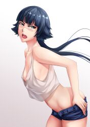 Rule 34 | 1girl, black hair, bleach, blue eyes, blue shorts, blunt bangs, blush, breasts, chinese commentary, collarbone, commentary, from side, gradient background, highres, leaning forward, long hair, looking at viewer, midriff, navel, no bra, open mouth, sakuya (liao kj), short shorts, shorts, sideboob, simple background, small breasts, sui-feng, tank top, teeth, twintails, undressing, upper teeth only, white tank top