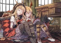 Rule 34 | 10s, 2girls, akieda, asymmetrical legwear, bad id, bad pixiv id, black legwear, blonde hair, blunt bangs, book, book stack, boots, bow, bowtie, cagliostro (granblue fantasy), cagliostro (halloween) (granblue fantasy), checkered floor, closed eyes, crown, desk, frilled legwear, frilled skirt, frills, gloves, granblue fantasy, hair between eyes, head tilt, head wings, hood, indoors, knees together feet apart, knees up, leaning on person, legs together, light smile, long hair, multiple girls, no shoes, on floor, open book, pantyhose, parted lips, petticoat, pillow, print legwear, puffy short sleeves, puffy sleeves, shingeki no bahamut, short sleeves, side-by-side, sitting, skirt, thighhighs, uneven legwear, vampy, window, wings