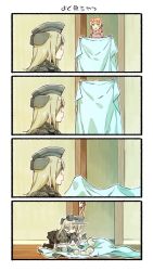 Rule 34 | 2girls, 4koma, alternate costume, blanket, blonde hair, blue eyes, comic, commentary request, cropped jacket, garrison cap, green eyes, hair ribbon, hat, highres, indoors, kantai collection, long sleeves, military, military uniform, multiple girls, nonco, prinz eugen (kancolle), puffy long sleeves, puffy sleeves, ribbon, shirt, silent comic, swimsuit, swimsuit under clothes, t-shirt, twintails, u-511 (kancolle), uniform