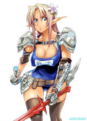 Rule 34 | 1girl, armor, belt, blonde hair, blue eyes, breasts, brown thighhighs, character request, cleavage, copyright request, covered erect nipples, curvy, elf, flower, hair flower, hair ornament, name tag, one-piece swimsuit, pointy ears, satou shouji, school swimsuit, solo, swimsuit, sword, thighhighs, weapon