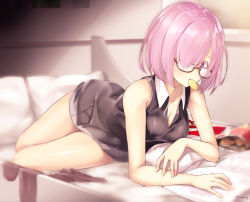 Rule 34 | 1girl, bag of chips, bare arms, bare shoulders, bed, black-framed eyewear, black dress, black pantyhose, blurry, blurry background, book, breasts, chips (food), cleavage, collarbone, collared dress, commentary request, depth of field, dress, fate/grand order, fate (series), fingernails, food, food in mouth, glasses, hair over one eye, indoors, lying, mash kyrielight, medium breasts, mouth hold, on bed, on side, open book, pantyhose, unworn pantyhose, pillow, pink hair, potato chips, purple eyes, reading, short hair, sleeveless, sleeveless dress, solo, twitter username, tyone