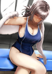 Rule 34 | 1girl, alternate costume, blue one-piece swimsuit, braid, breasts, cleavage, closed mouth, commentary request, crossed legs, fate/grand order, fate (series), florence nightingale (fate), holding, holding towel, jikihatiman, large breasts, one-piece swimsuit, red eyes, sidelocks, single braid, sitting, solo, swimsuit, tile floor, tiles, towel, window