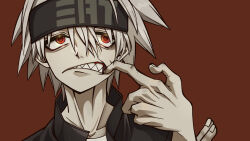 Rule 34 | 1boy, black jacket, collared jacket, gums, hasda, high collar, highres, jacket, mouth pull, red background, red eyes, ringed eyes, sharp teeth, shirt, solo, soul eater, soul evans, sweatband, teeth, white hair, white shirt