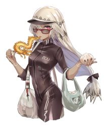 Rule 34 | 1girl, altera (fate), altera (traveling outfit) (fate), bag, black dress, black nails, breasts, dark-skinned female, dark skin, dress, duffel bag, fate/grand order, fate (series), feet out of frame, food, food in mouth, glasses, grey hair, headdress, high collar, holding, holding food, long sleeves, looking at viewer, medium breasts, nail polish, red eyes, short hair, simple background, solo, tagme, tan, veil, white background, white hair, yuemanhuaikong