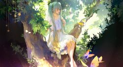 Rule 34 | 1girl, achyue, barefoot, bug, butterfly, dress, closed eyes, green hair, hatsune miku, highres, in tree, bug, long hair, sitting, sitting in tree, solo, tree, twintails, vocaloid, white dress