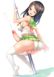 Rule 34 | 1girl, absurdres, bare shoulders, black hair, blue eyes, blush, bosshi, breasts, cum, ejaculation, erection, futanari, highres, large breasts, large penis, one eye closed, open mouth, panties, penis, pole, pole dancing, sideboob, skirt, smile, solo, sweat, swimsuit, testicles, thighhighs, uncensored, underwear, veins, veiny penis