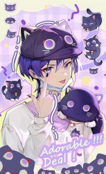 Rule 34 | 1boy, absurdres, akanbe, alternate costume, animal ears, cat, cat ears, eyelid pull, genshin impact, hair between eyes, hat, highres, long sleeves, looking at viewer, male focus, mask, mouth mask, purple eyes, purple hair, purple headwear, scaramouche (cat) (genshin impact), scaramouche (genshin impact), shanwenyufan, shirt, short hair, simple background, smile, tongue, tongue out, white shirt, yuchenz34382399
