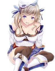 Rule 34 | 10s, 1girl, arms behind back, bare shoulders, beret, black thighhighs, blue eyes, blue skirt, blush, boots, breasts, breasts apart, cleavage, collarbone, covered erect nipples, cucouroux (granblue fantasy), detached sleeves, eyebrows, granblue fantasy, grey hair, hair ribbon, hat, long hair, long sleeves, matsukawa (pale scarlet), medium breasts, miniskirt, open mouth, pleated skirt, ribbon, simple background, sitting, skirt, smile, solo, strap, striped ribbon, thighhighs, twintails, white background, white footwear, white hat