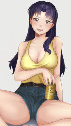 Rule 34 | 1girl, absurdres, arm support, arms under breasts, artist request, ass, bare legs, bare shoulders, barefoot, beer can, breasts, can, denim, denim shorts, drink can, earrings, hanging breasts, highres, holding, holding can, huge ass, jewelry, katsuragi misato, long hair, makeup, medium breasts, neon genesis evangelion, no bra, open mouth, purple hair, shiny skin, shirt, short shorts, shorts, sitting, smile, spread legs, white background, wide hips, yebisu, yellow shirt