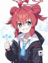 Rule 34 | 1girl, absurdres, black jacket, blue archive, blue eyes, blue necktie, blush, collared shirt, double bun, grin, hair between eyes, hair bun, halo, highres, jacket, long sleeves, looking at viewer, maki (blue archive), necktie, open clothes, open jacket, red hair, red halo, red necktie, shirt, short hair, smile, solo, thumbs up, upper body, vector (dmlddmld00), white shirt
