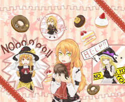 Rule 34 | 4girls, = =, azusa (cookie), black capelet, black coat, black gloves, black headwear, black vest, blonde hair, blouse, bow, bowtie, braid, buttons, cake, cake slice, capelet, chibi, chocolate, chocolate doughnut, closed mouth, coat, commentary request, cookie (touhou), doughnut, food, fruit, gloves, haiperion buzan, hair between eyes, hair bow, hands on own head, hat, hat ornament, highres, kirisame marisa, long hair, long sleeves, looking at viewer, manatsu no yo no inmu, mars (cookie), mg mg, miura daisenpai, multiple girls, musical note, no, open mouth, purple bow, red bow, red bowtie, red star, rei (cookie), shirt, short sleeves, side braid, single braid, staff (music), star (symbol), star hat ornament, strawberry, strawberry shortcake, touhou, turtleneck, upper body, uzuki (cookie), vest, white bow, white shirt, witch hat, yellow eyes