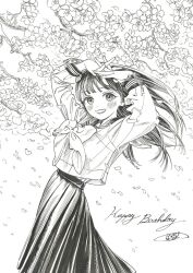 Rule 34 | 1girl, :d, akebi-chan no serafuku, akebi komichi, arms up, blush, bow, cherry blossoms, falling petals, fingernails, flower, greyscale, grin, happy birthday, hiro (dismaless), large bow, long hair, monochrome, open mouth, own hands together, petals, roubai academy school uniform (old), school uniform, serafuku, signature, skirt, smile, solo, teeth, tongue, traditional media, upper teeth only