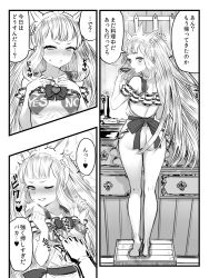 Rule 34 | 10s, 1girl, apron, ass, barefoot, blush, bow, breast poke, breasts, cagliostro (granblue fantasy), collarbone, comic, commentary request, cooking, crown, granblue fantasy, greyscale, heart, kitchen, long hair, looking at viewer, looking back, monochrome, naked apron, one eye closed, parted lips, poking, pot, small breasts, smile, solo focus, spoken heart, stove, translation request, yapo (croquis side)
