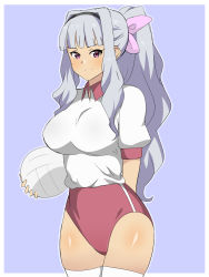 Rule 34 | 1girl, alternate hairstyle, ball, blunt bangs, border, bow, breasts, buruma, cowboy shot, female focus, gym uniform, hair bow, hairband, highres, holding, holding ball, idolmaster, idolmaster (classic), kagemusha, large breasts, looking at viewer, ponytail, purple background, purple eyes, shijou takane, smile, solo, thighhighs, volleyball (object), white border, white thighhighs
