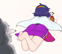 Rule 34 | 2girls, ass, barefoot, blue hair, card, character request, feet, headband, keb00b, lying, multiple girls, on stomach, pillow, rainbow headwear, short hair, soles, tenkyuu chimata, the pose, toes, touhou, white background