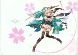 Rule 34 | 1girl, 77gl, arm up, armpits, bare shoulders, black bow, black footwear, black scarf, blonde hair, boots, bow, breasts, brown eyes, character name, crease, dual persona, fate (series), floral background, full body, hair bow, haori, highres, holding, holding sword, holding weapon, japanese clothes, katana, kimono, koha-ace, long hair, long sleeves, medium breasts, obi, okita souji (fate), okita souji (koha-ace), open clothes, open toe boots, page number, sash, scan, scarf, sheath, sheathed, short hair, short kimono, sideboob, solo, sword, thigh boots, thighhighs, v-shaped eyebrows, weapon, white kimono, wide sleeves