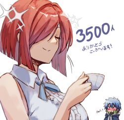 Rule 34 | 1boy, 1girl, alternate hairstyle, bare shoulders, blue cloak, blue hair, blue ribbon, blush, cloak, closed eyes, closed mouth, collared shirt, cup, erza scarlet, fairy tail, highres, holding, holding cup, jellal fernandes, neck ribbon, open mouth, red hair, reytsu, ribbon, shirt, short hair, simple background, sleeveless, sleeveless shirt, smile, solo, solo focus, sparkle, teacup, translation request, white background, white shirt