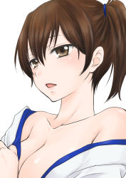 Rule 34 | 1girl, blush, breasts, brown eyes, brown hair, cleavage, collarbone, japanese clothes, kaga (kancolle), kantai collection, kimono, large breasts, long hair, long sleeves, off shoulder, open mouth, ozaki mirai, ponytail, side ponytail, sleeves rolled up, standing, undressing, upper body, white background, white kimono