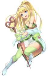 Rule 34 | 1girl, :d, blonde hair, blue eyes, boots, bracelet, breasts, capelet, detached collar, dress, eyebrows, flower, full body, gem, gloves, green gloves, green thighhighs, hair flower, hair ornament, highres, holding, holding staff, jewelry, knee boots, long hair, looking at viewer, medium breasts, open mouth, original, pointy ears, ponytail, sasaame, simple background, sleeveless, sleeveless dress, smile, solo, staff, striped, teeth, thighhighs, vertical stripes, white background