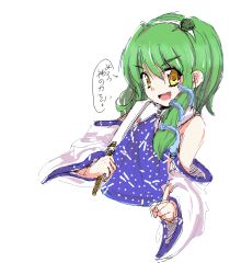 Rule 34 | 1girl, bare shoulders, detached sleeves, eyebrows, female focus, frog hair ornament, gohei, green hair, hair ornament, index finger raised, kochiya sanae, looking at viewer, oonusa, open mouth, simple background, snake hair ornament, solo, touhou, upper body, white background, wide sleeves, yellow eyes