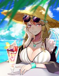 Rule 34 | 1girl, absurdres, aqua nails, arknights, bad id, bad pixiv id, bare shoulders, bikini, blonde hair, blue sky, breasts, cleavage, cloud, commentary request, day, drinking straw, eyewear on head, fang, fang out, food, fruit, hand on own cheek, hand on own face, hand up, hat, highres, jewelry, large breasts, lingnai suzuna, long hair, long sleeves, looking at viewer, nail polish, necklace, off shoulder, official alternate costume, outdoors, parfait, pink eyes, skin fang, sky, smile, solo, strawberry, striped bikini, striped clothes, sun hat, sunglasses, swimsuit, swimsuit cover-up, upper body, utage (arknights), utage (summer flowers) (arknights), vertical-striped bikini, vertical-striped clothes, white bikini
