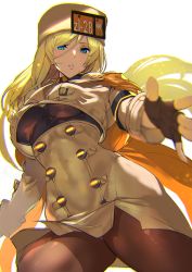 Rule 34 | 1girl, ashiomi masato, blonde hair, blue eyes, breasts, brown pantyhose, coat, guilty gear, guilty gear strive, hair between eyes, hat, highres, long hair, looking at viewer, millia rage, pantyhose, parted lips, simple background, solo, very long hair, white background