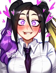Rule 34 | 1girl, black hair, black necktie, blush, blushyspicy, breasts, collared shirt, commentary, earrings, hair between eyes, heart, heart-shaped pupils, highres, jewelry, large breasts, long hair, long sleeves, looking at viewer, multicolored hair, necktie, original, shirt, smile, solo, symbol-shaped pupils, teeth, white shirt