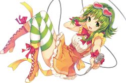 Rule 34 | 1girl, :d, album cover, blouse, bodice, boots, bow, buttons, cable, cover, cross-laced footwear, frilled skirt, frills, from side, full body, goggles, goggles on head, green eyes, green hair, gumi, hand on own cheek, hand on own face, high heel boots, high heels, holding, holding microphone, knees together feet apart, knees up, lace-up boots, looking at viewer, matching hair/eyes, microphone, miniskirt, natsu natsuna, open mouth, outstretched arm, red bow, red ribbon, ribbon, shirt, short hair, sidelocks, simple background, skirt, sleeveless, smile, solo, striped clothes, striped thighhighs, suspender skirt, suspenders, thighhighs, vocaloid, white background, wire, wrist ribbon, zettai ryouiki