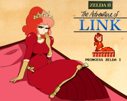 Rule 34 | 1girl, absurdres, blue eyes, breasts, character name, crown, dress, full body, hand up, highres, jewelry, necklace, nintendo, one eye closed, princess zelda, red dress, red hair, retro artstyle, sitting, solo, the legend of zelda, title, zelda ii: the adventure of link