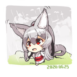 Rule 34 | 1girl, :d, animal ear fluff, animal ears, barefoot, blush stickers, chibi, commentary request, dated, fox ears, fox girl, fox tail, full body, grey hair, hair between eyes, high ponytail, highres, japanese clothes, kimono, long hair, long sleeves, looking away, obi, open mouth, original, patch, ponytail, rain, running, sash, smile, solo, tail, very long hair, white kimono, wide sleeves, yuuji (yukimimi)