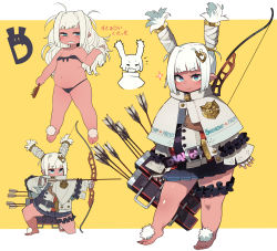 Rule 34 | 1girl, = =, aiming, arrow (projectile), barefoot, belly, belt, bikini, black bikini, black skirt, blue eyes, blunt bangs, blush, bow (weapon), breasts, bridal garter, buckle, capelet, character sheet, clenched teeth, closed mouth, clothes writing, collarbone, commentary request, dark-skinned female, dark skin, fang, fingerless gloves, frills, front-tie bikini top, front-tie top, glint, gloves, gradient eyes, hair brush, hair down, hair intakes, hair ornament, hair tubes, half-closed eyes, halfling, hand up, highres, holding, holding arrow, holding bow (weapon), holding brush, holding own hair, holding weapon, jacket, kometsubu, letter hair ornament, letterboxed, long hair, long sleeves, looking at viewer, messy hair, multicolored eyes, multiple views, navel, notice lines, on one knee, open mouth, original, outside border, parted lips, pink eyes, pleated skirt, plump, pointy ears, pom pom (clothes), purple belt, quiver, sidelocks, skin fang, skirt, small breasts, smile, smug, sparkle, standing, sweatdrop, swimsuit, teeth, twintails, v-shaped eyebrows, weapon, white capelet, white gloves, white hair, white jacket, yellow background