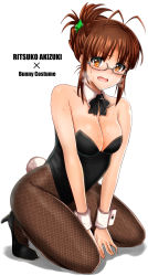 Rule 34 | 1girl, akizuki ritsuko, animal ears, bad id, bad pixiv id, bare arms, bare shoulders, blush, breasts, brown eyes, brown hair, cleavage, collarbone, detached collar, fake animal ears, female focus, fishnet pantyhose, fishnets, folded ponytail, glasses, highleg, highleg leotard, idolmaster, idolmaster (classic), inu (marukome), kneeling, large breasts, leotard, looking at viewer, open mouth, pantyhose, playboy bunny, rabbit ears, rabbit tail, solo, strapless, strapless leotard, sweat, tail, v arms, wrist cuffs