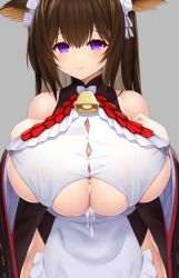 Rule 34 | 1girl, after ejaculation, after paizuri, animal ears, asamura hiori, azur lane, bell, blush, bow, breasts squeezed together, breasts, brown hair, cow ears, cow girl, cow horns, cowbell, cum, cum on body, cum on breasts, cum on upper body, cumdrip, embarrassed, highres, hip vent, horns, huge breasts, kashino (azur lane), kashino (maid for mayhem) (azur lane), large bow, long hair, looking at viewer, maid headdress, purple eyes, solo, sweat, tearing up, tears